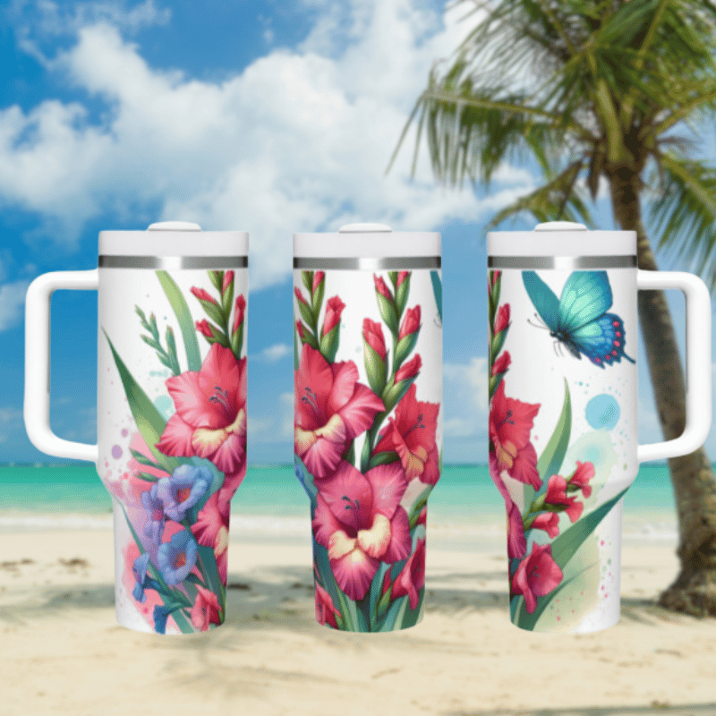 three travel mugs on a beach with a palm tree in the background