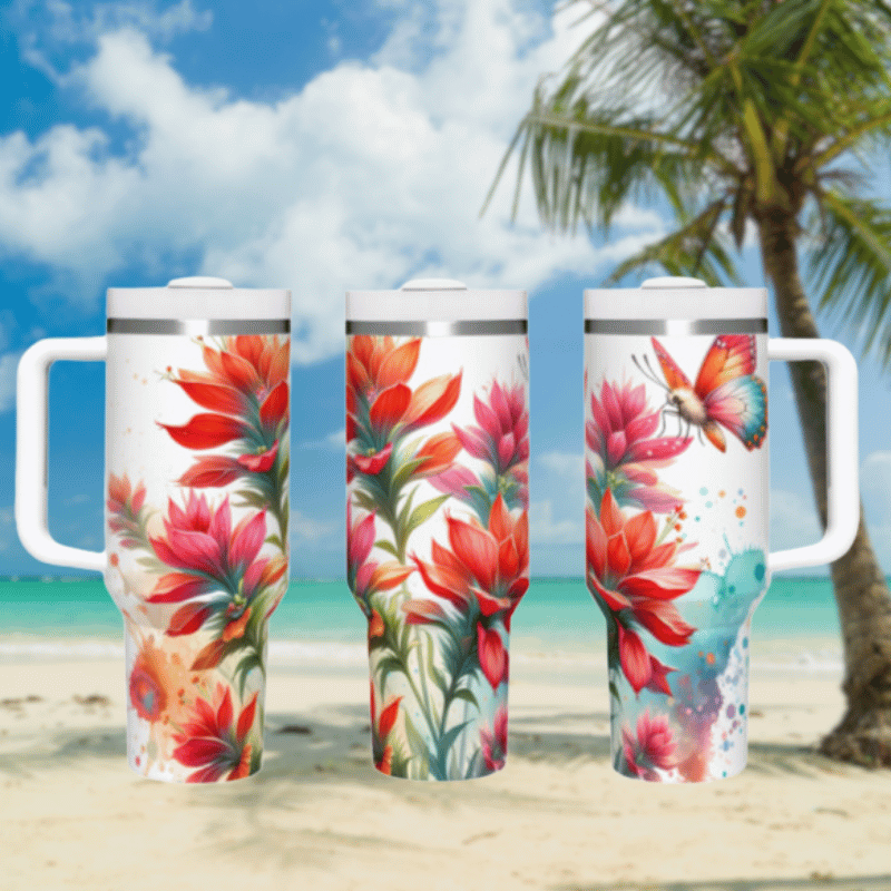 three travel mugs on a beach with a palm tree in the background