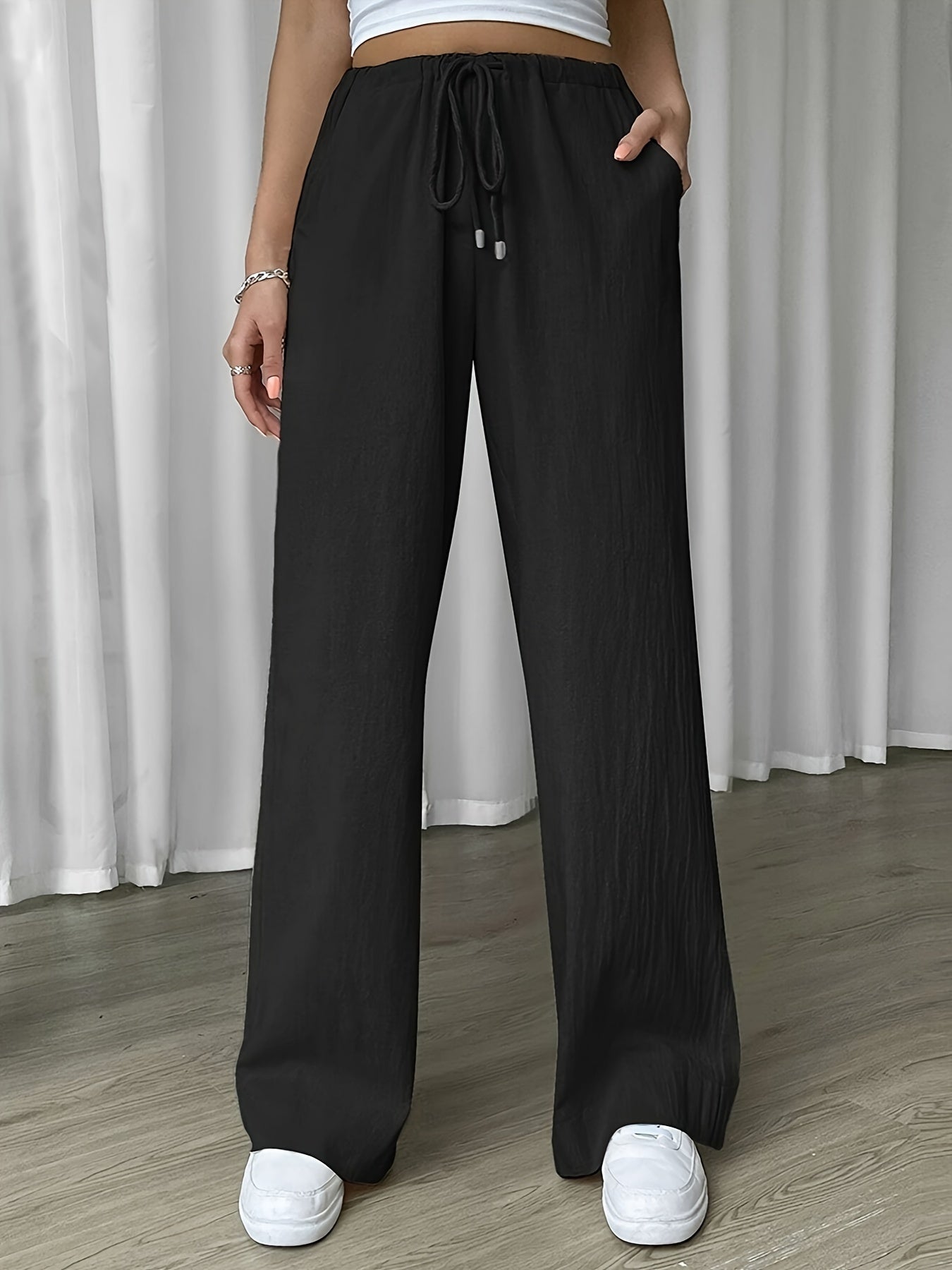 Women's Relaxed Wide Leg, Tie Waist Pants | Polyester Cotton Linen