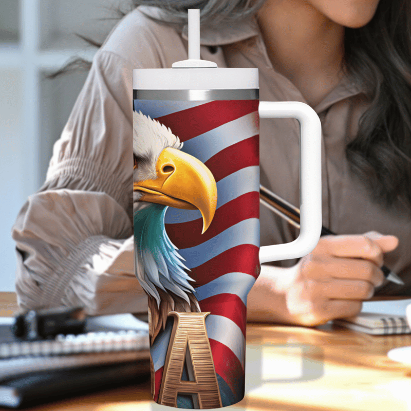 a woman sitting at a desk with a coffee mug