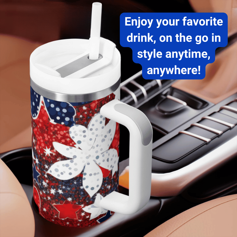 a travel mug with a lid and handle on a car dashboard