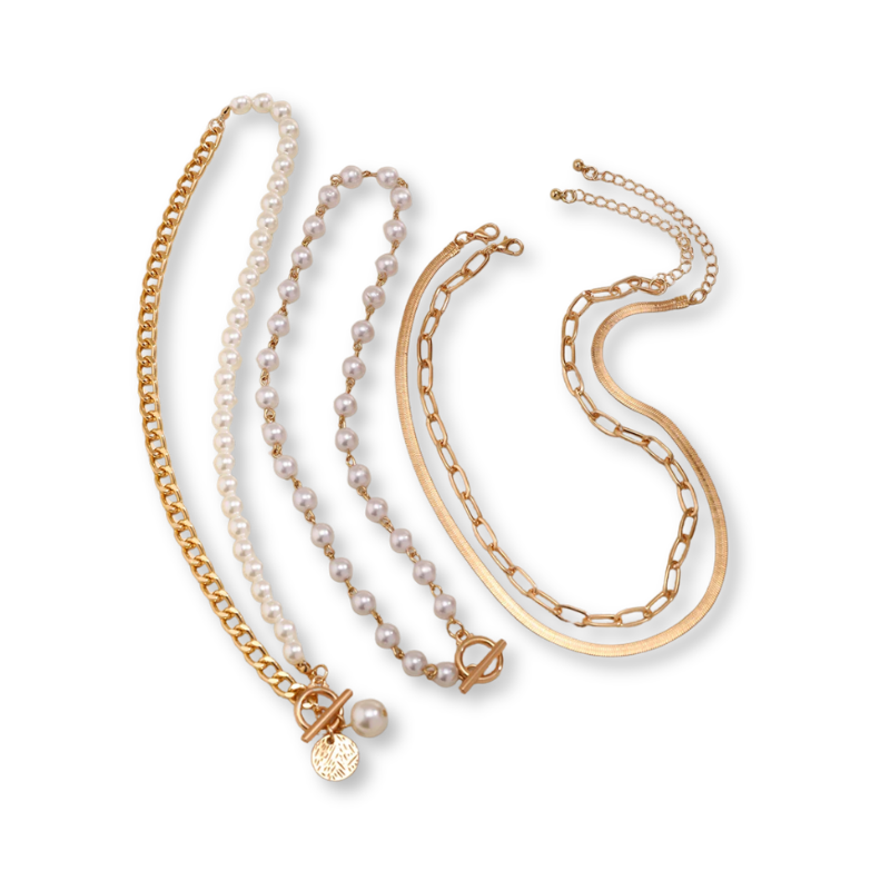 Layered Pearl and Thick Chain Choker Necklace
