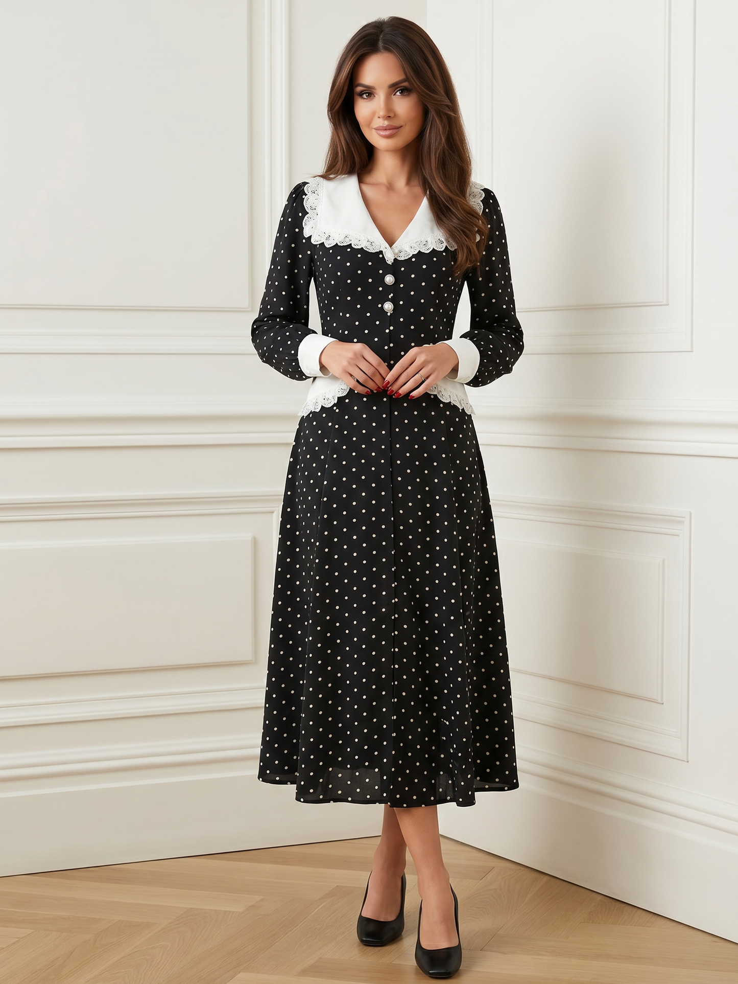 Slim Print Womens Dress With Doll Collar For Office Midi