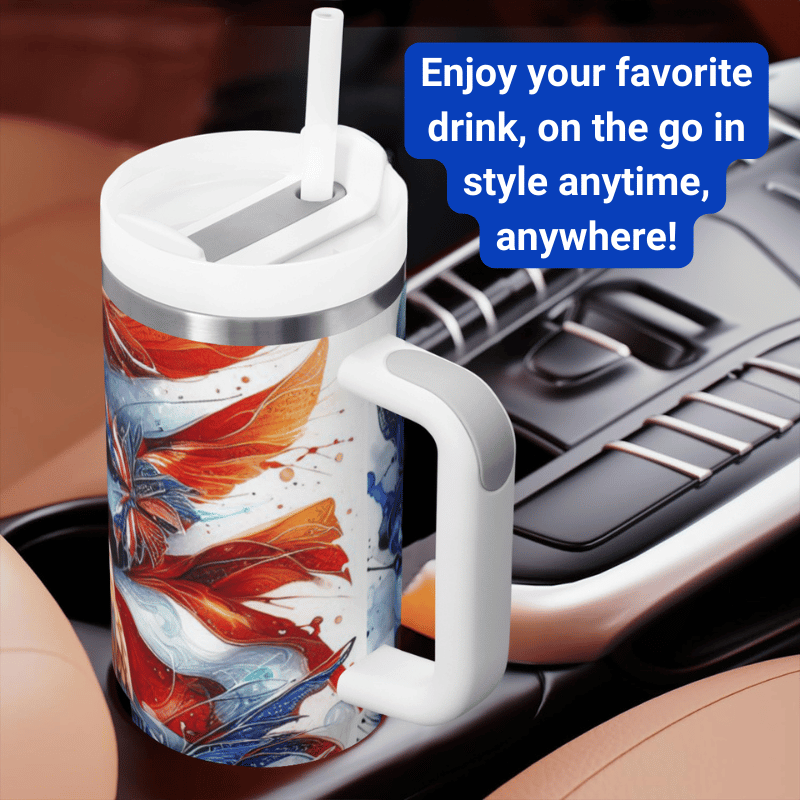 a coffee cup with a lid and handle sitting on a car dashboard