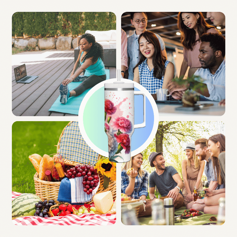 a collage of photos of people having a picnic