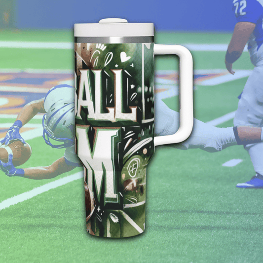 a coffee mug with a football player on it