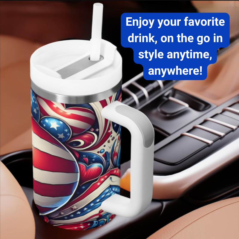 a coffee cup with an american flag design on it next to a cell phone