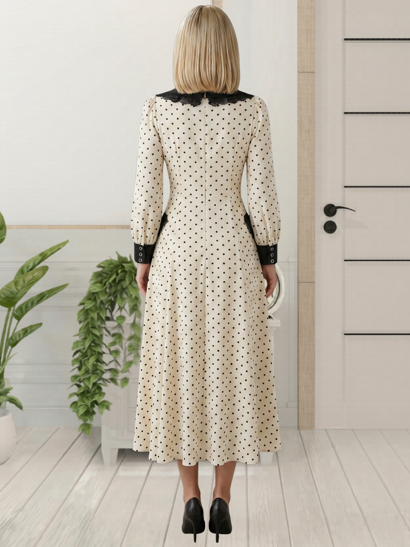 Slim Print Womens Dress With Doll Collar For Office Midi