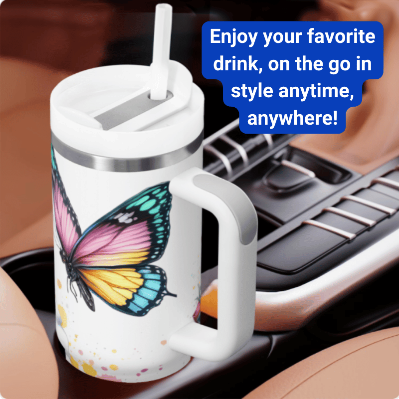 a coffee mug with a butterfly painted on it