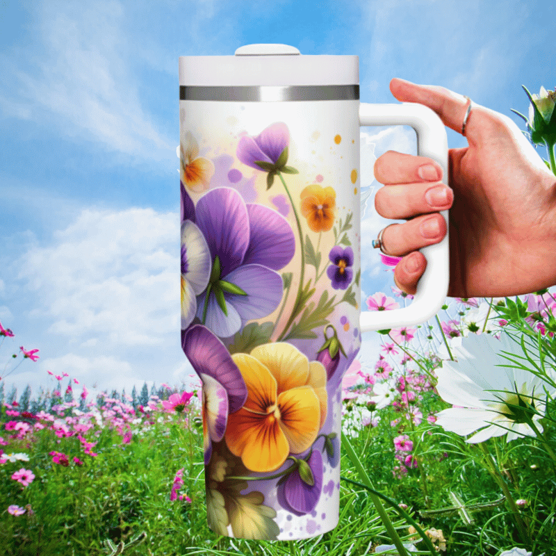 a hand holding a coffee mug in a field of flowers