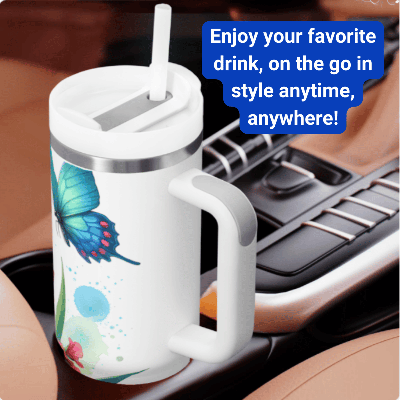 a travel mug with a butterfly design on it