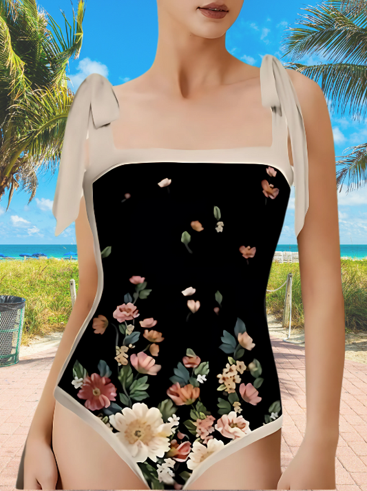 Black & Floral Elegant One-Piece Swimsuit with Skirt – Bowknot Brazilian Style