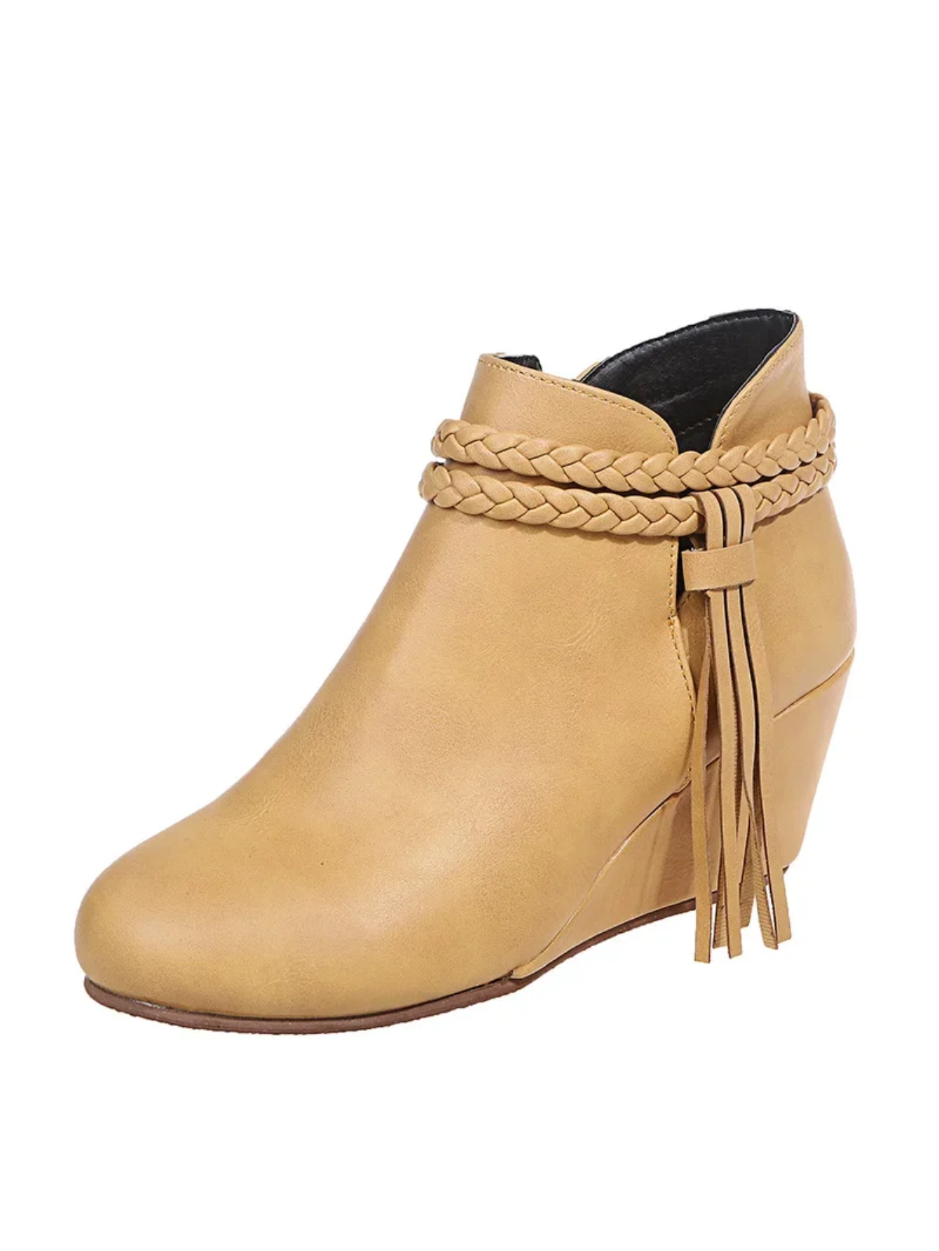 Retro Wedge Heel Boots With Tassels Zipper Round Toe