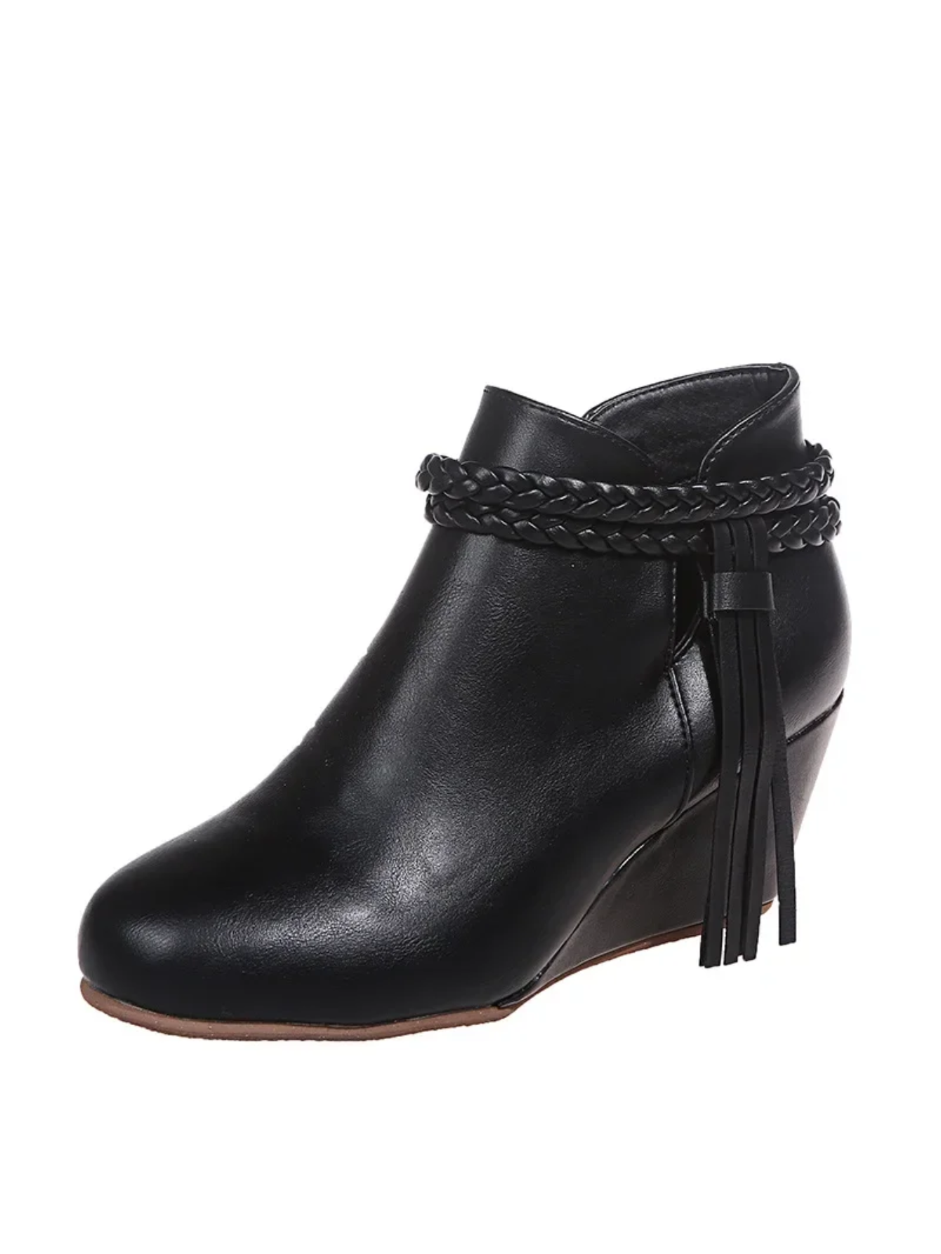 Retro Wedge Heel Boots With Tassels Zipper Round Toe