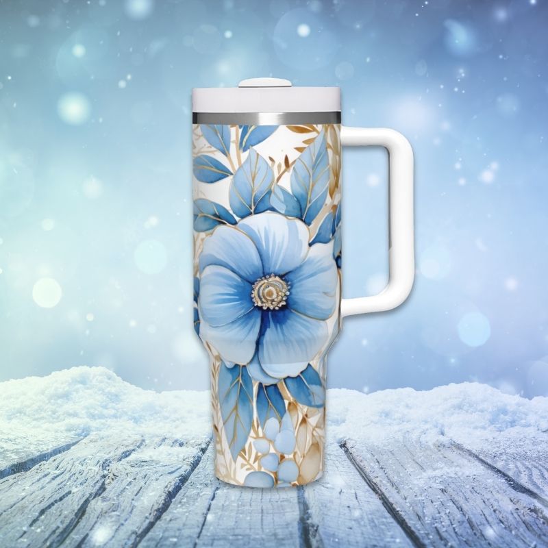 Blue with Gold Trim Christmas Flowers | 40 oz Tumbler