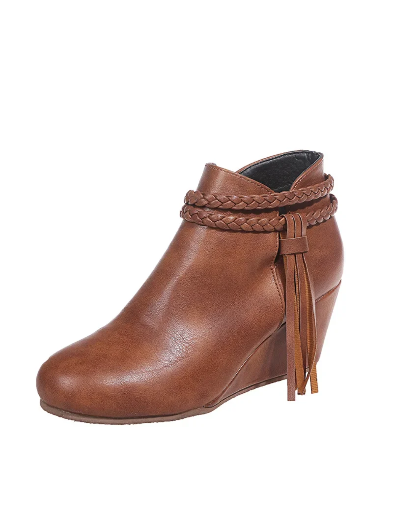Retro Wedge Heel Boots With Tassels Zipper Round Toe