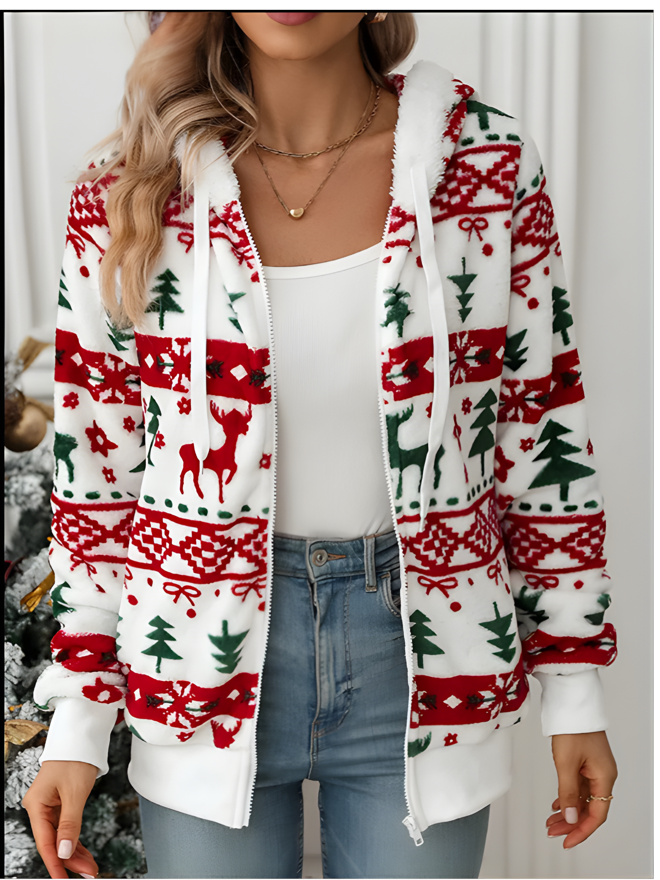 Christmas Print Plush Winter Cardigan Warm Long Sleeve Jacket