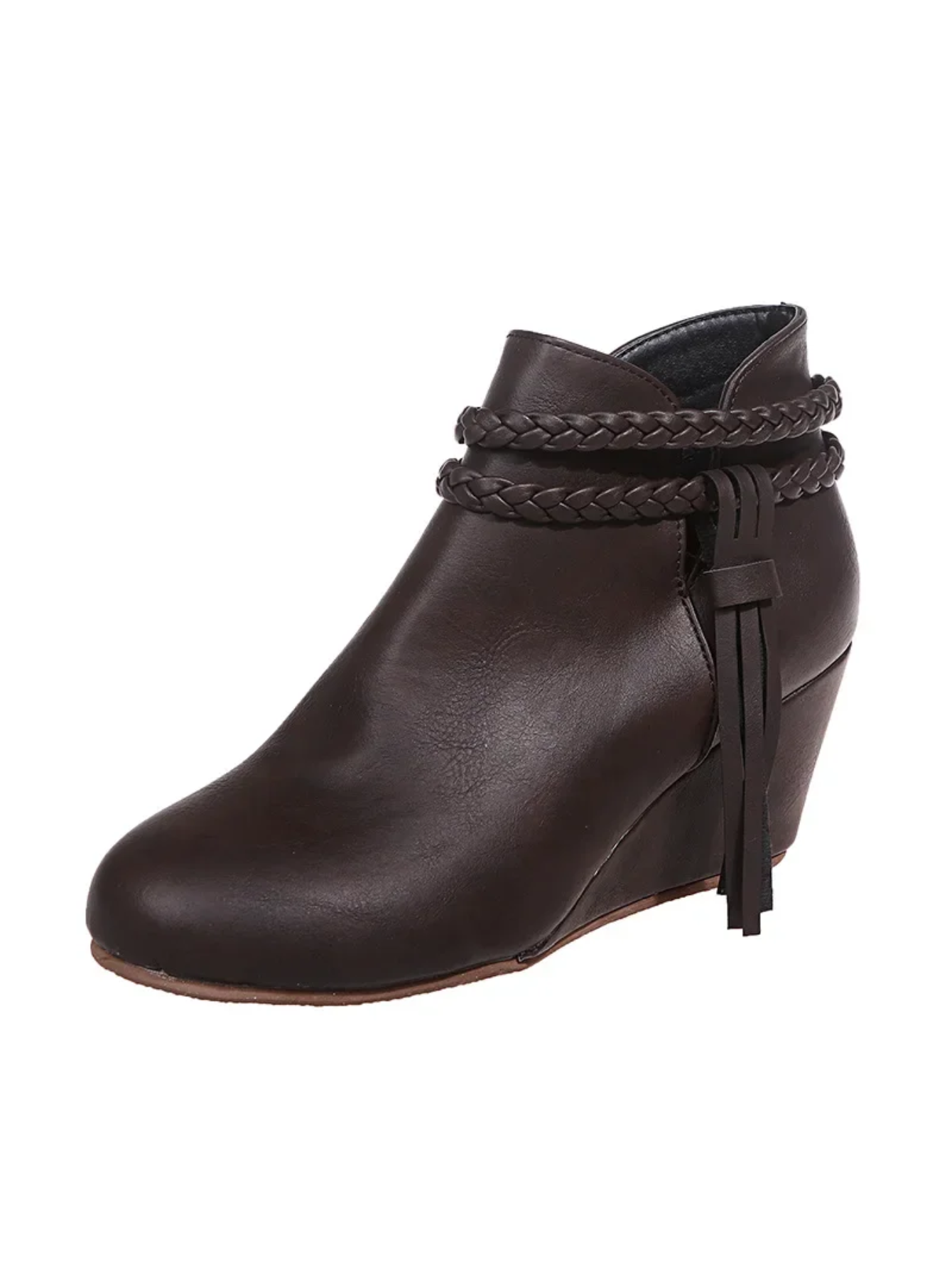 Retro Wedge Heel Boots With Tassels Zipper Round Toe