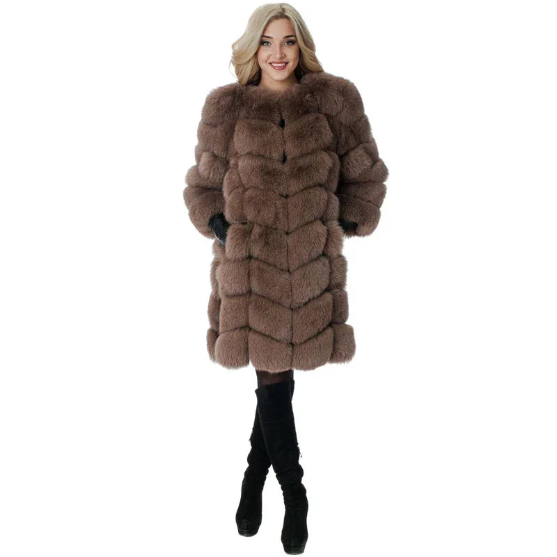 Long Sleeve Camel Faux Fur Coat With Thick Warm Lining