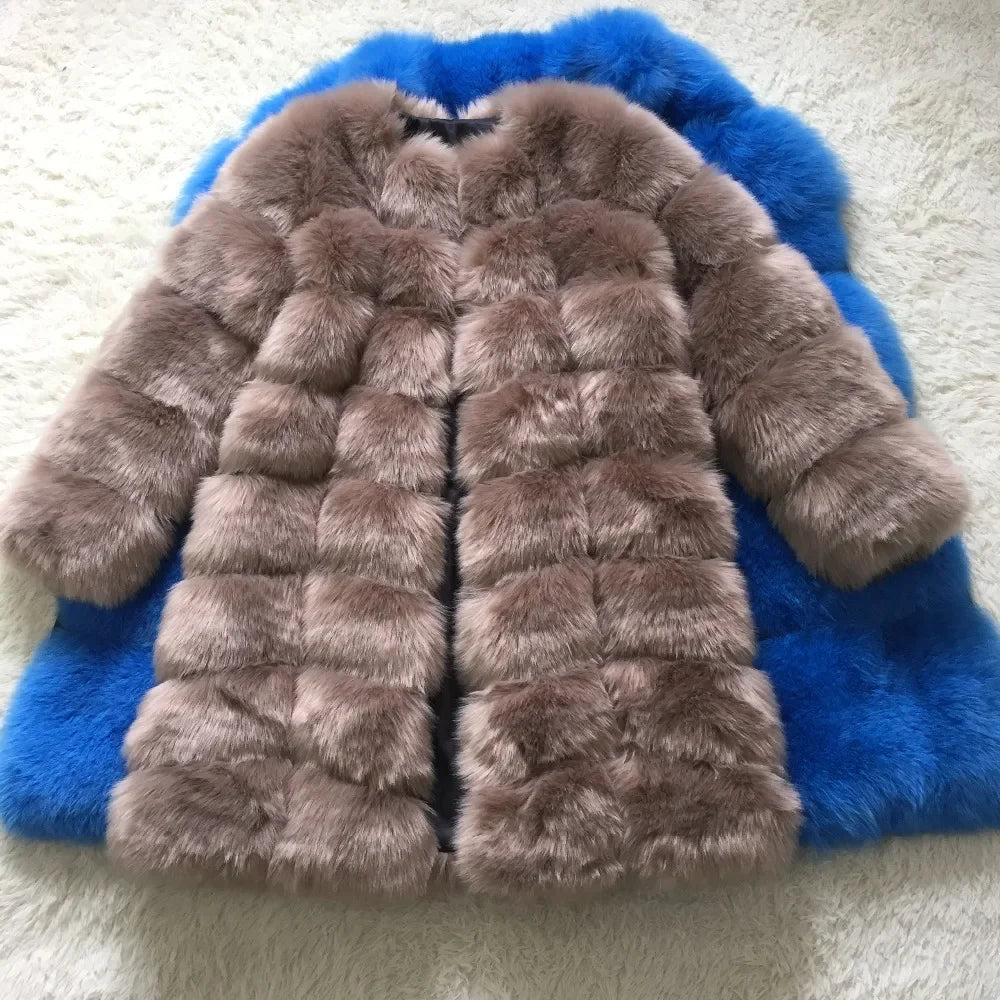 Long Sleeve Camel Faux Fur Coat With Thick Warm Lining
