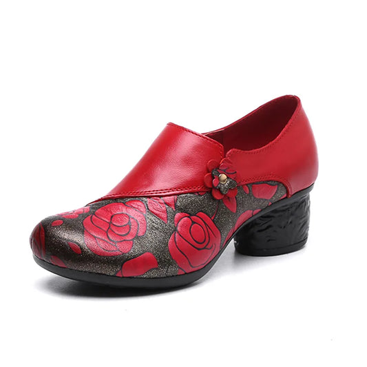 Floral Print Chunky Heel Pumps – Genuine Leather Round Toe Shoes