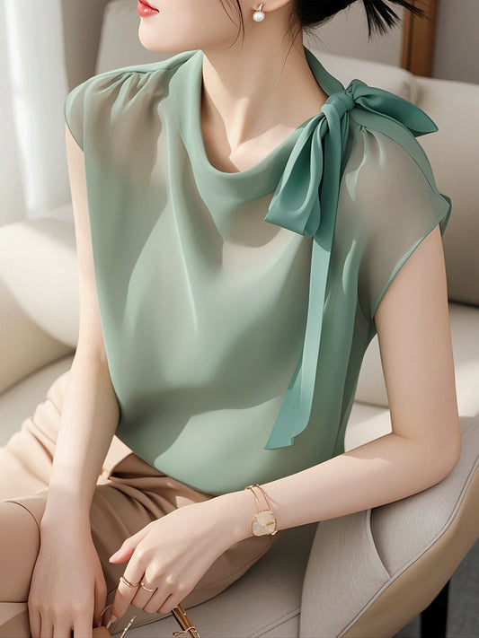 Green Chiffon Bow Blouse – Slim Fit Summer Top