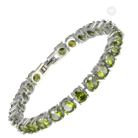 Olive Green CZ Crystal Tennis Bracelet | Silver Plated