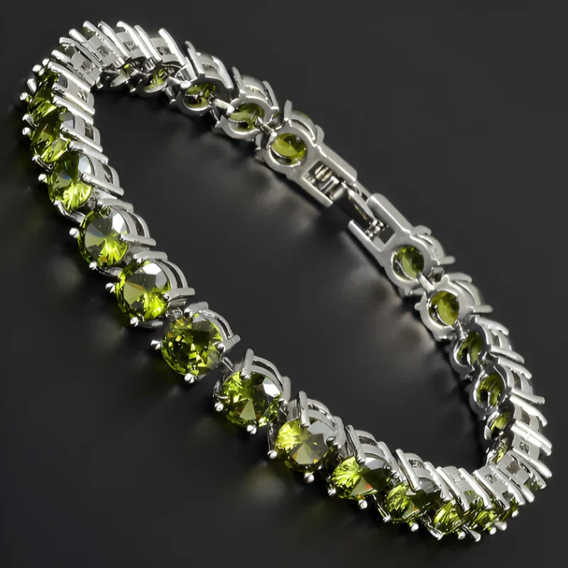 Olive Green CZ Crystal Tennis Bracelet | Silver Plated