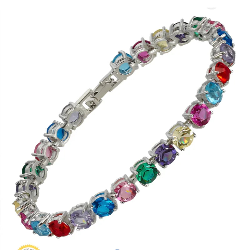 Rainbow Colors CZ Crystal Tennis Chain Bracelet | Silver Plated