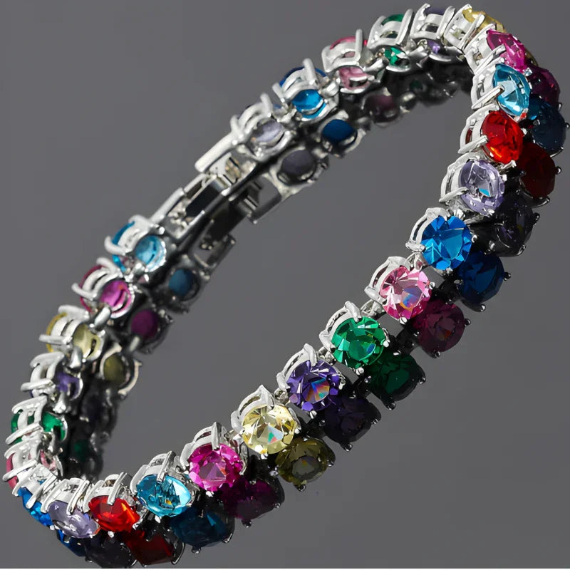 Rainbow Colors CZ Crystal Tennis Chain Bracelet | Silver Plated