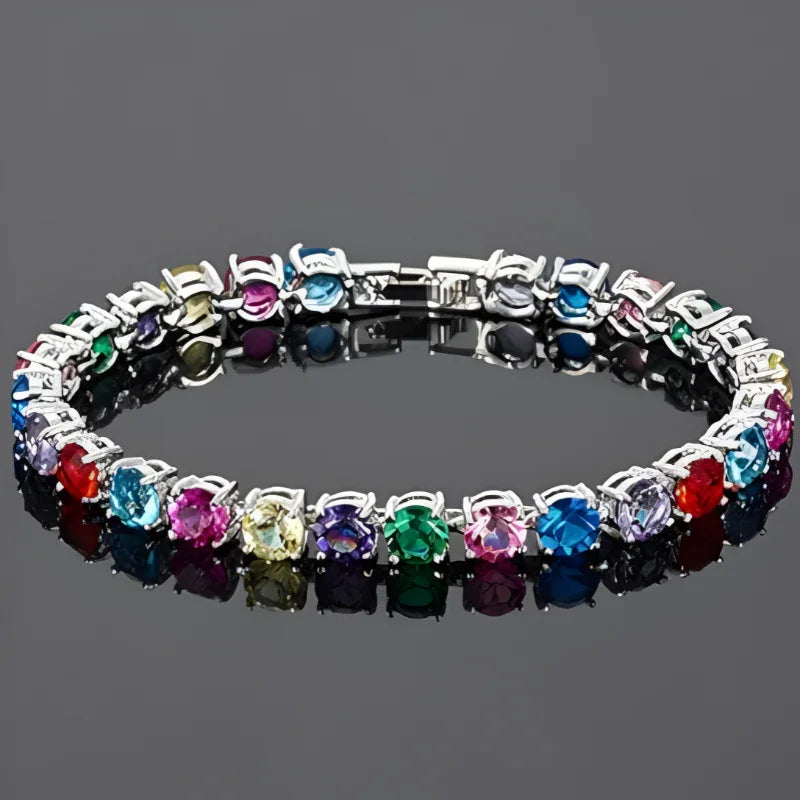 Rainbow Colors CZ Crystal Tennis Chain Bracelet | Silver Plated