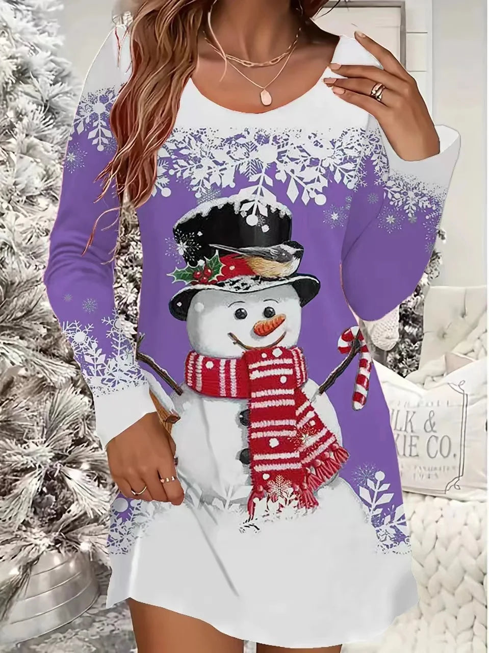 Women's Christmas Casual Snowflake And Christmas Tree Print Dress