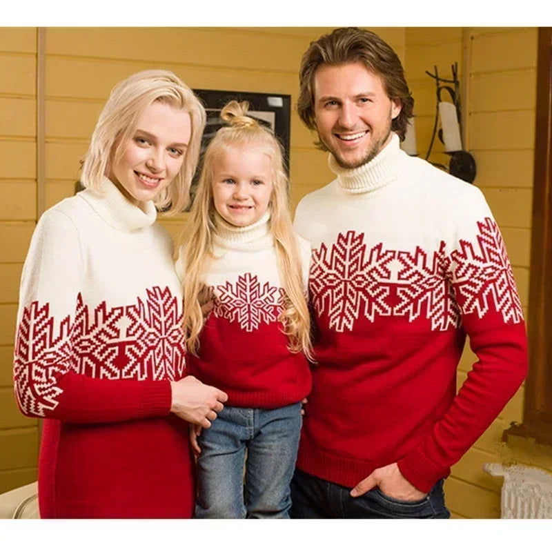 Family Matching Snowflake Wool Knit Turtleneck Relaxed Fit Sweater