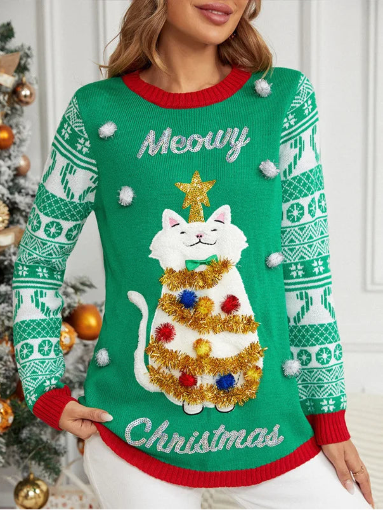Ugly Christmas Cat Print Sweater