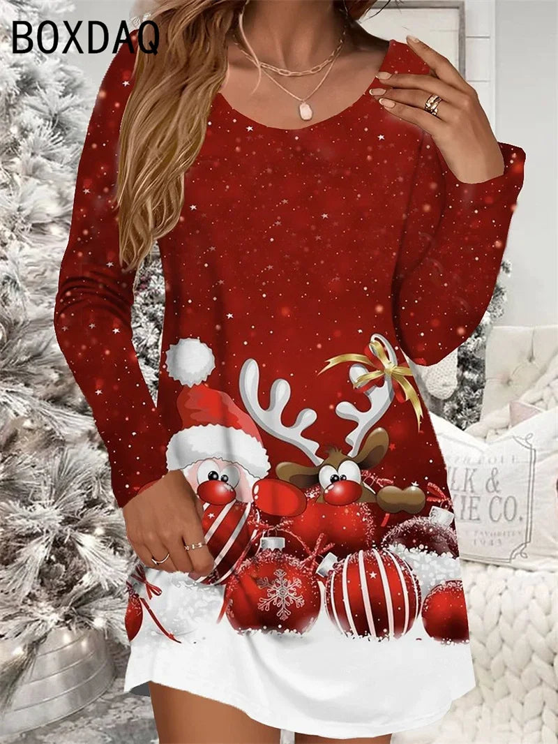 Womens Red Christmas Deer Print Mini Dress Polyester