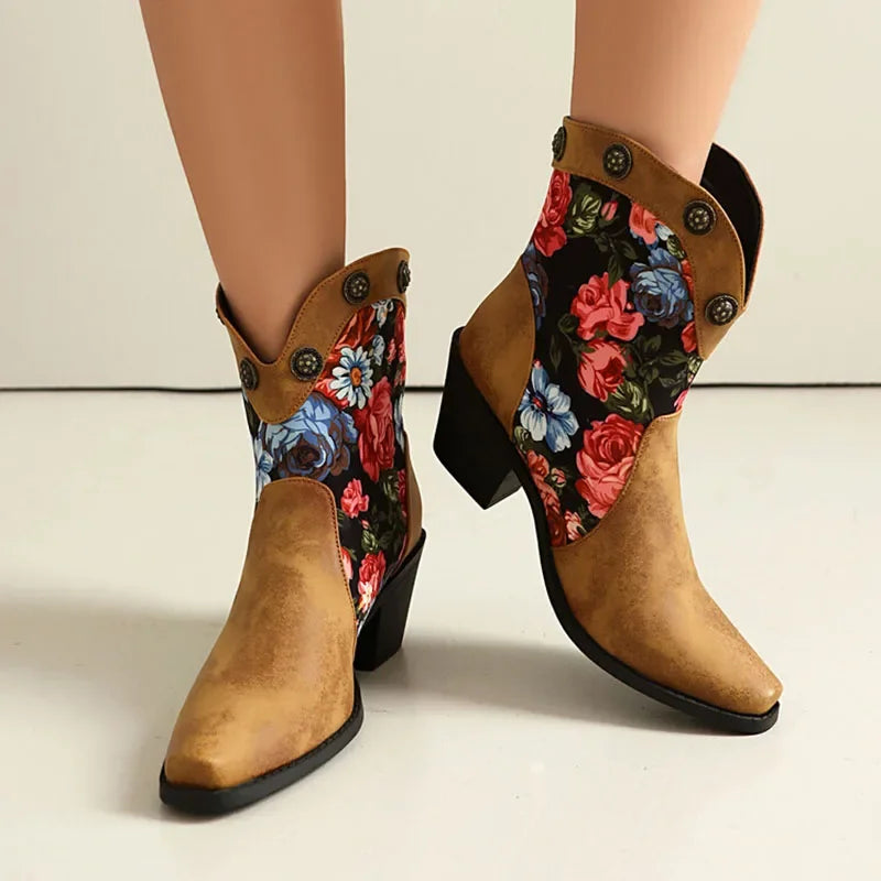 Flower Print Ankle Boots Women Wedge Heel 6cm Slip On Retro