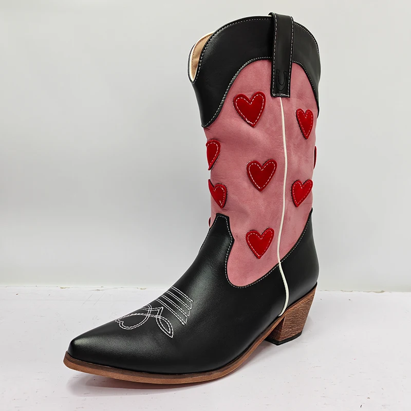 Black With Pink Valentine Heart Mid Calf Western Cowgirl Boots For Women & Teens