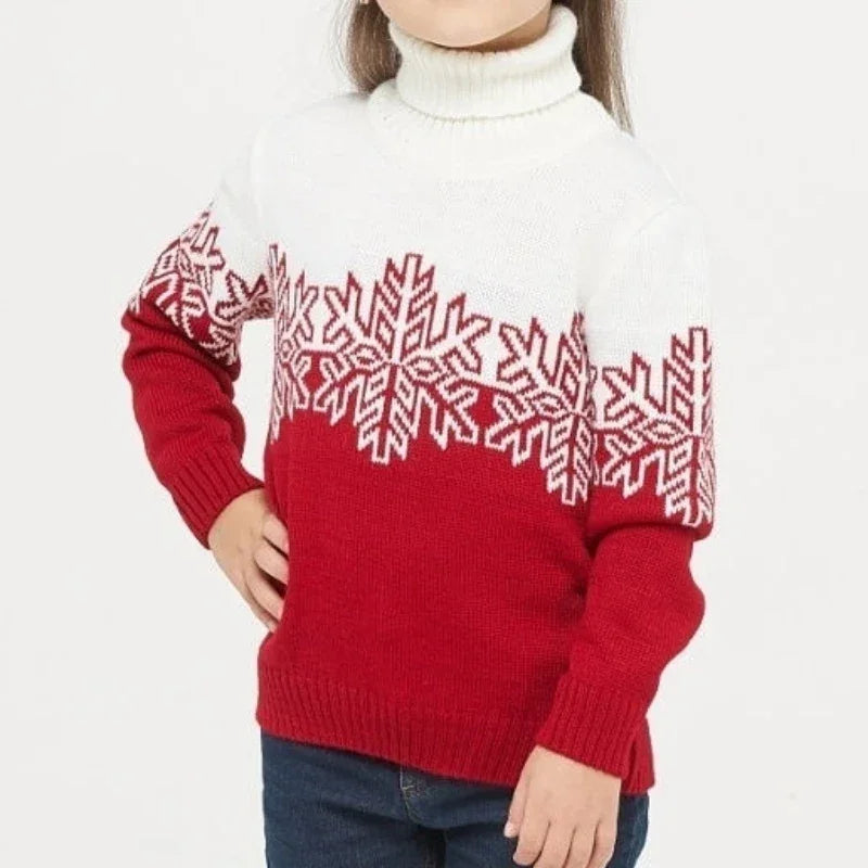 Family Matching Snowflake Wool Knit Turtleneck Relaxed Fit Sweater