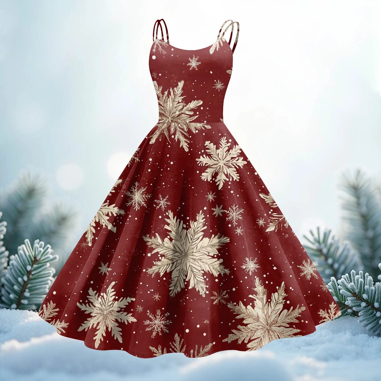 Round Neck Polyester Christmas Print Women's Loose Dress