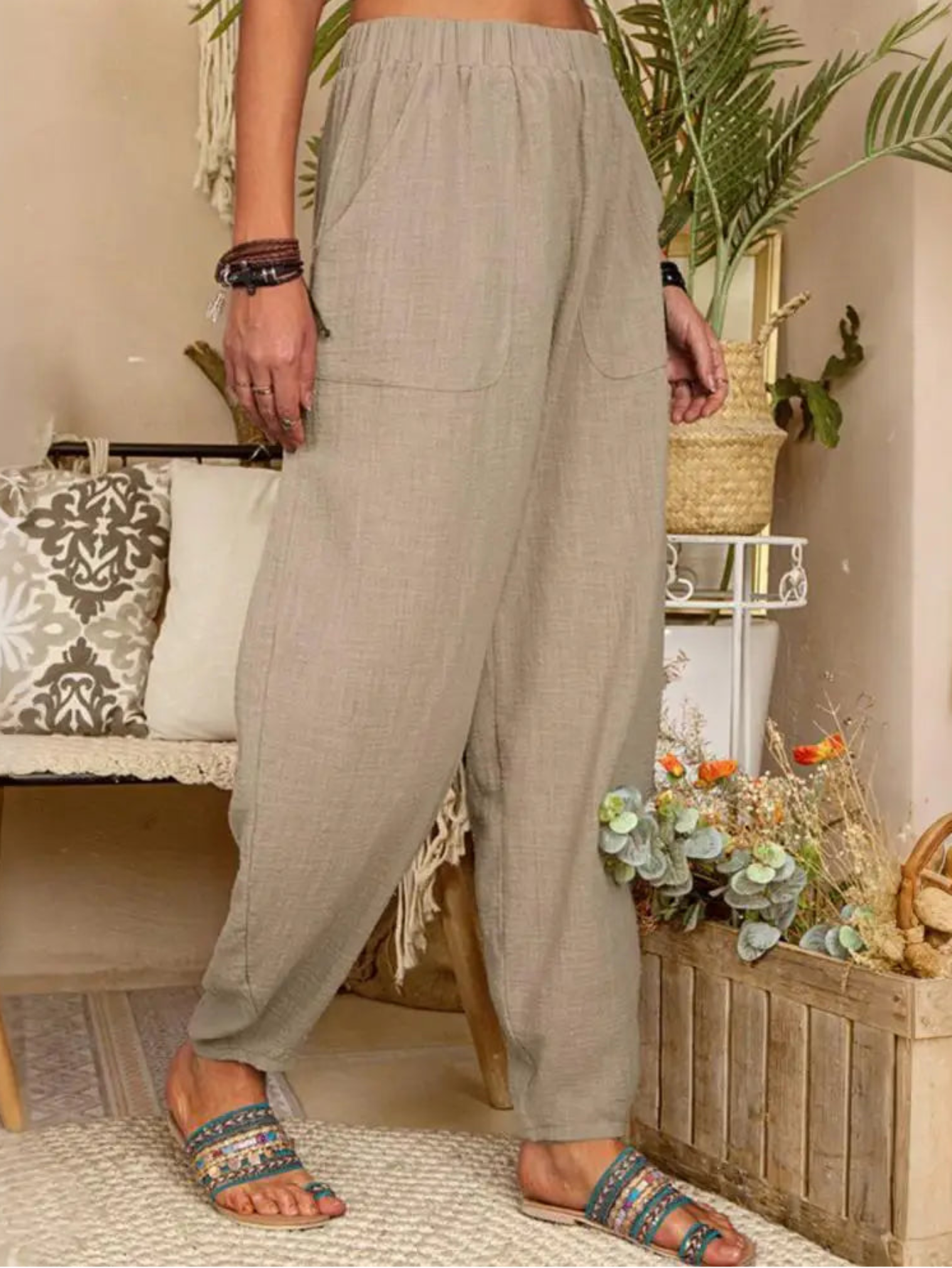Womens Harem Pants | Cotton Linen Blend | Solid Relaxed Fit