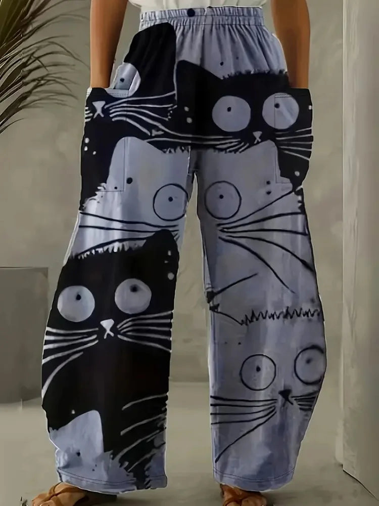 Women's Loose Bloomers Cartoon Cat Print Polyester Pants