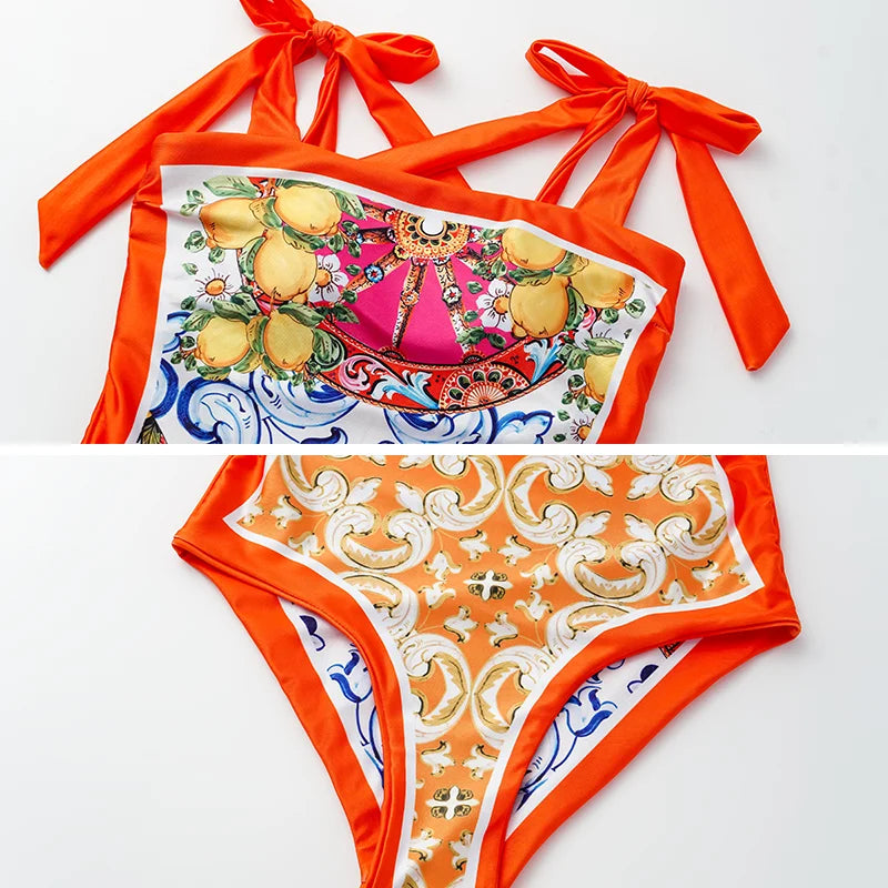 Mosaic Print One-Piece Swimsuit & Skirt Set