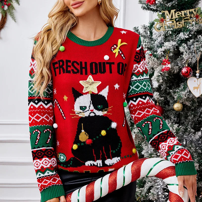 Christmas Cat Sequined Knit Sweater Long Sleeve Pullover