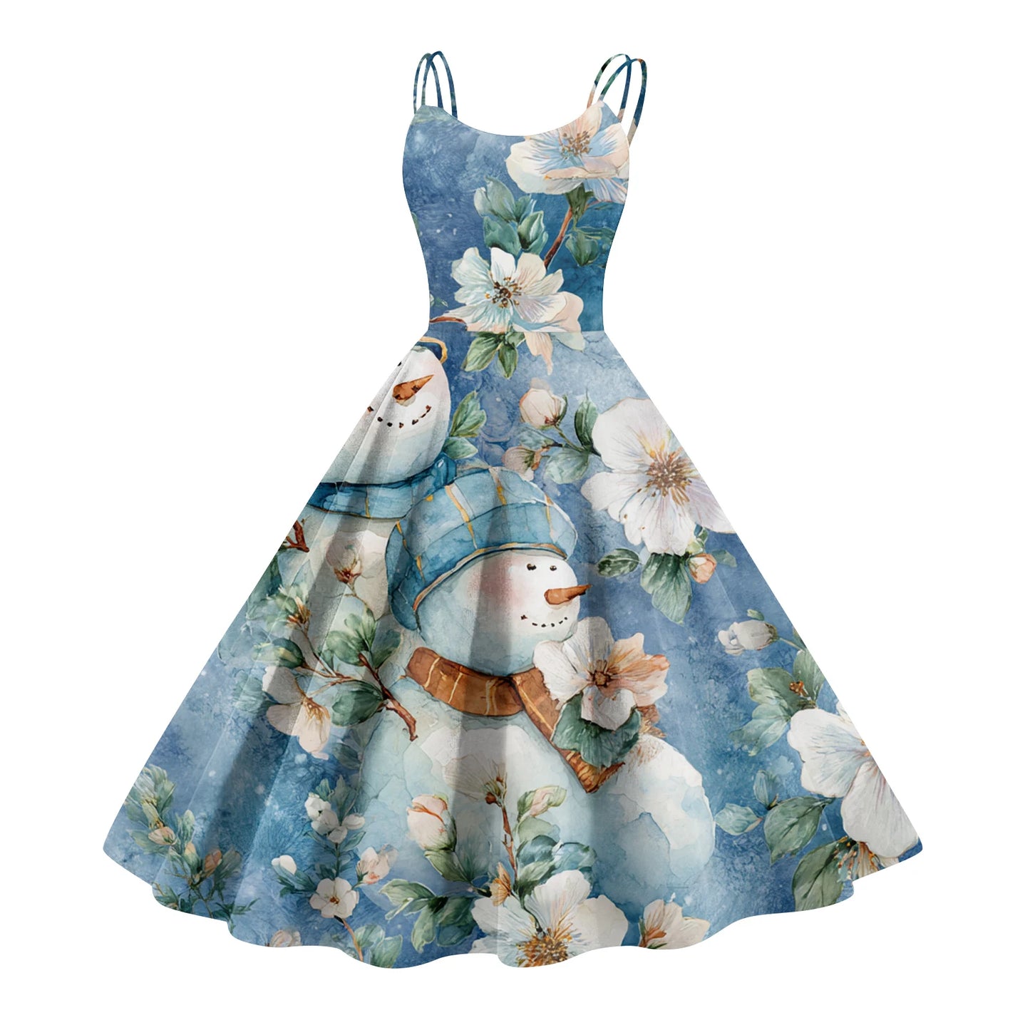 Women Christmas Print Spaghetti Strap Polyester Dress