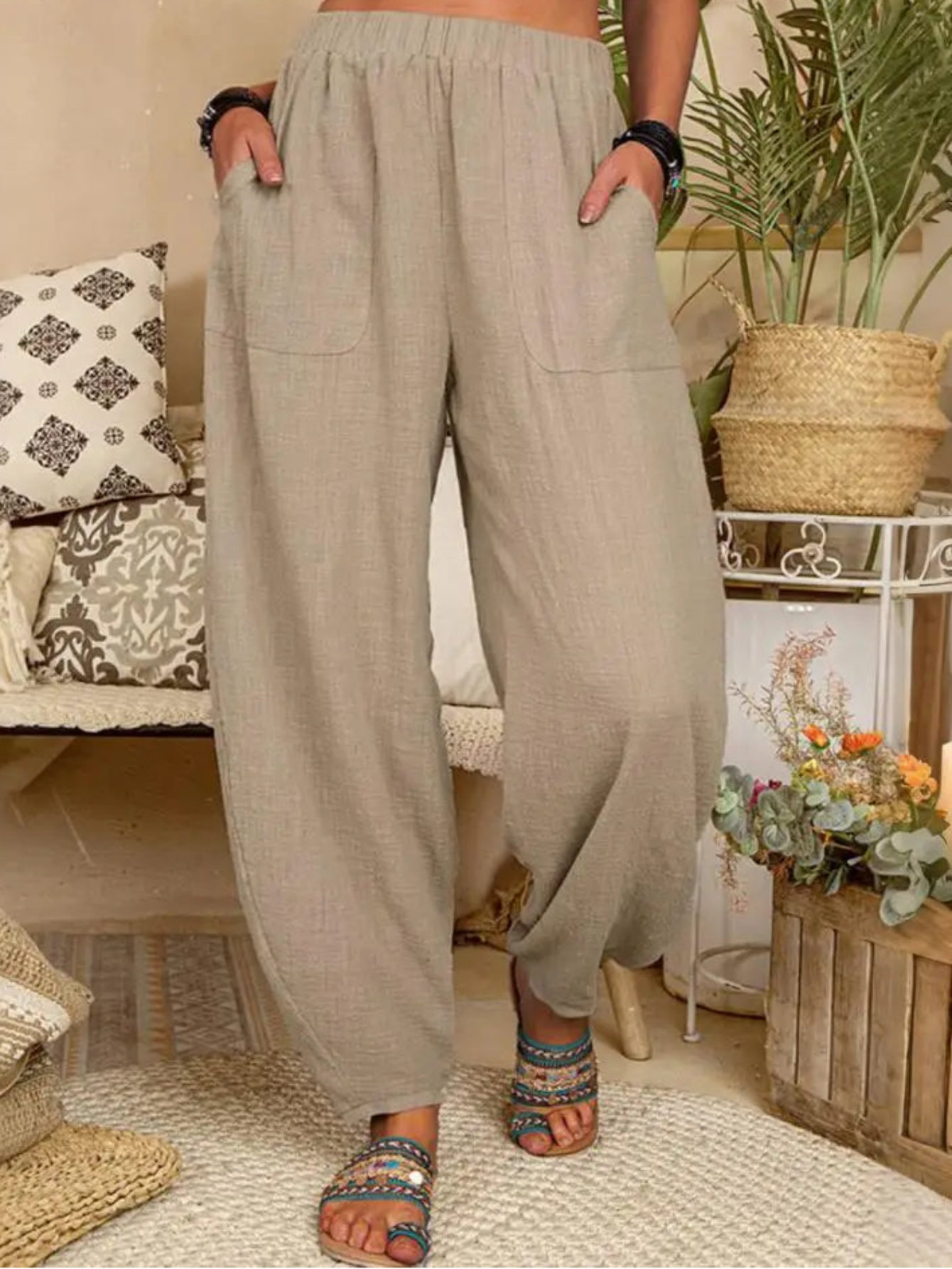 Womens Harem Pants | Cotton Linen Blend | Solid Relaxed Fit