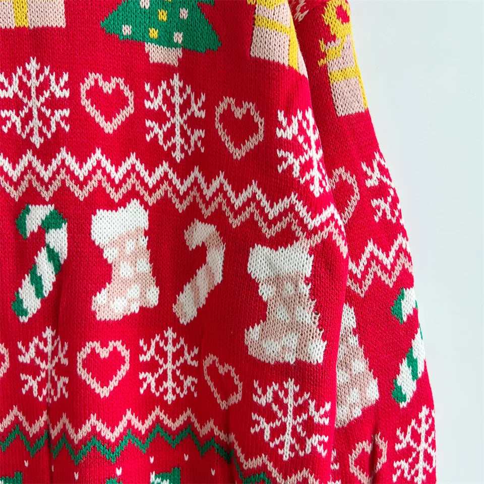 Christmas Snowflake, Trees, Stockings Long Knitted Sweater