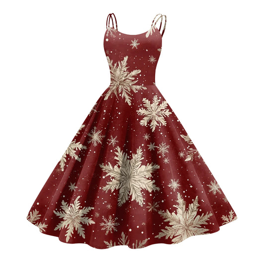 Round Neck Polyester Christmas Print Women's Loose Dress