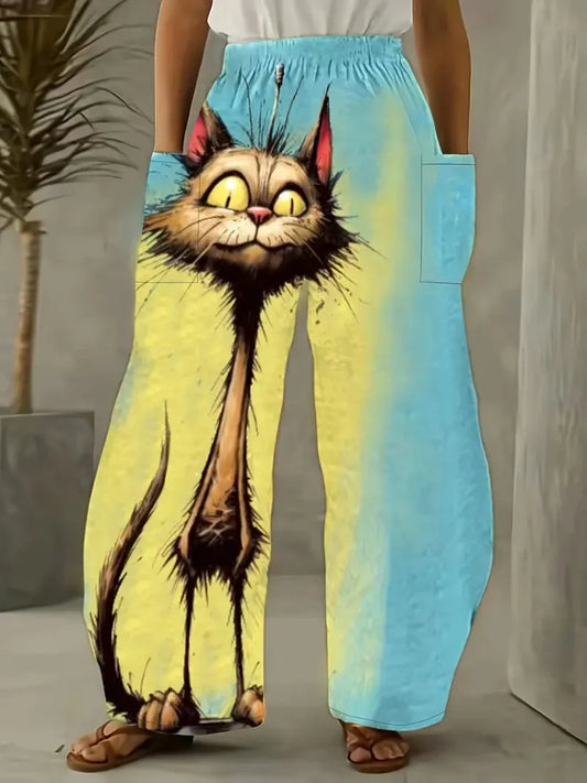 Women's Loose Bloomers Cartoon Cat Print Polyester Pants