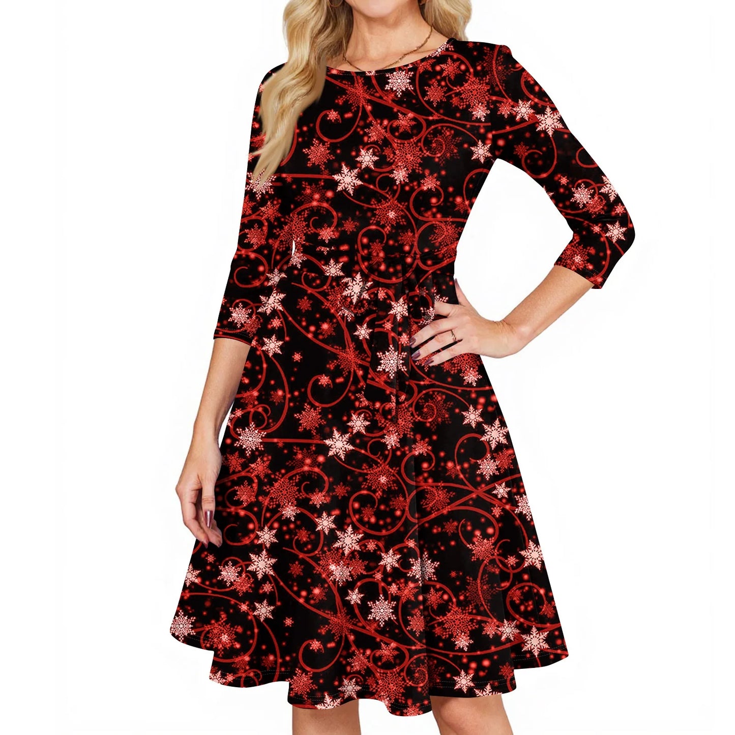 Women's A Line O Neck Polyester Dress Christmas Print Slim