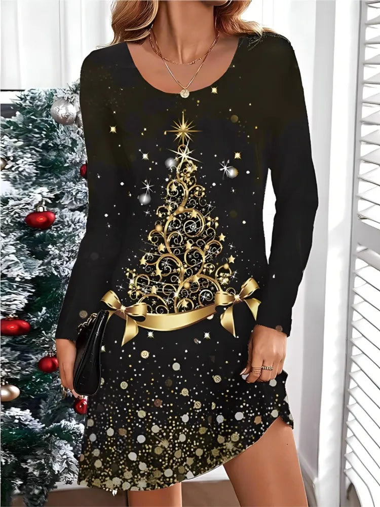 Women's Christmas Casual Snowflake And Christmas Tree Print Dress